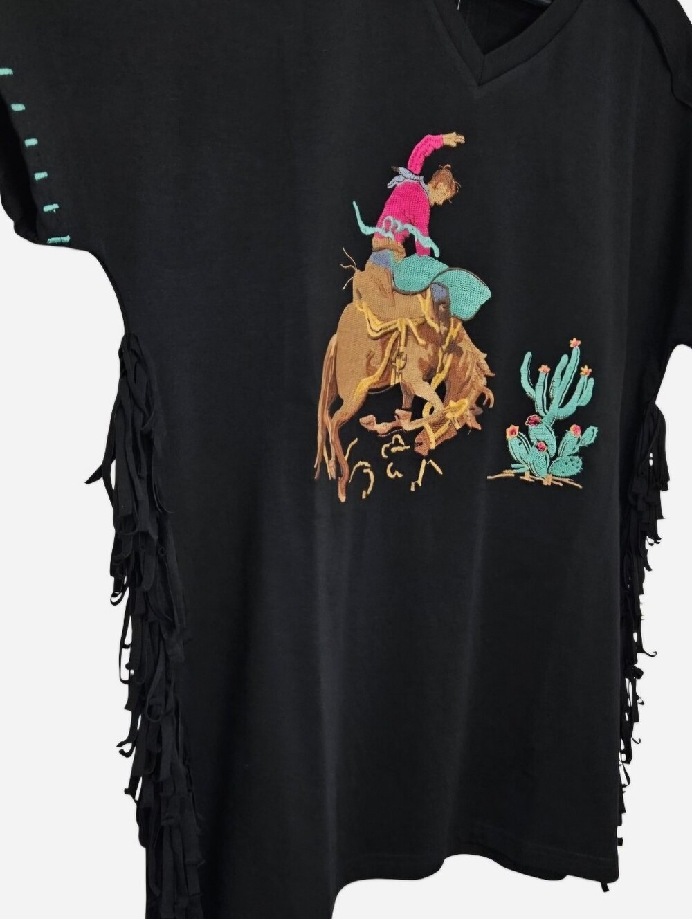 Sterling Kreek black western rodeo blouse with fringe down sides & embroidered - Picture 3 of 7
